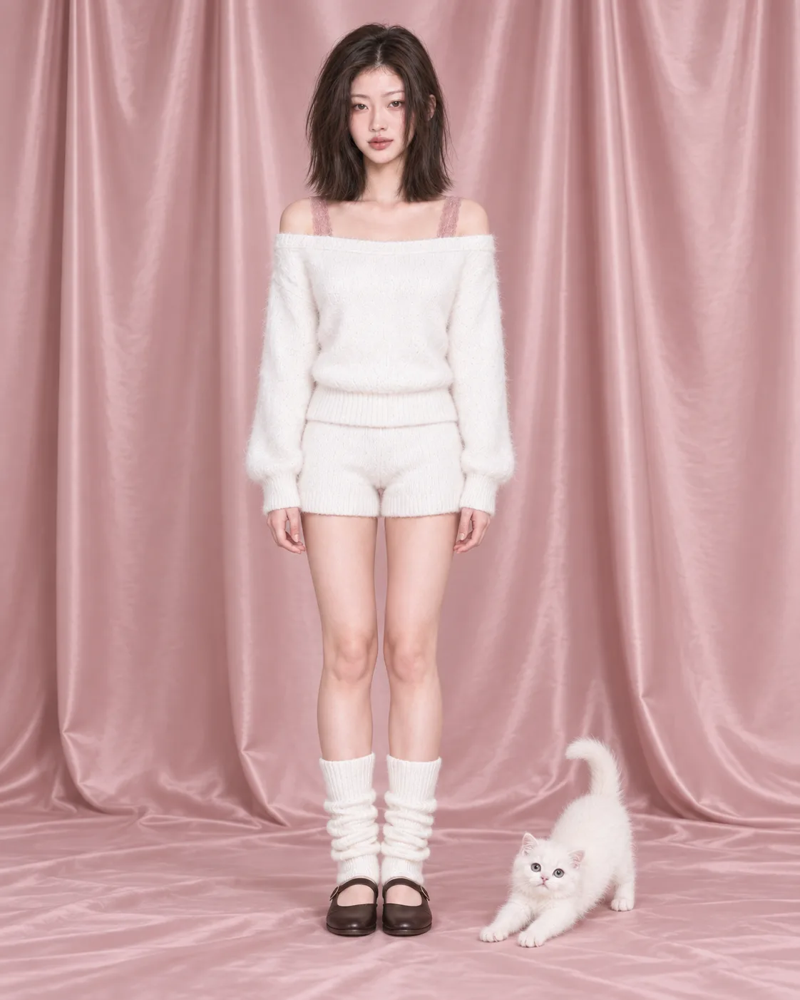 핑크 커튼 앞 화이트 니트 룩 정면 전신과 고양이