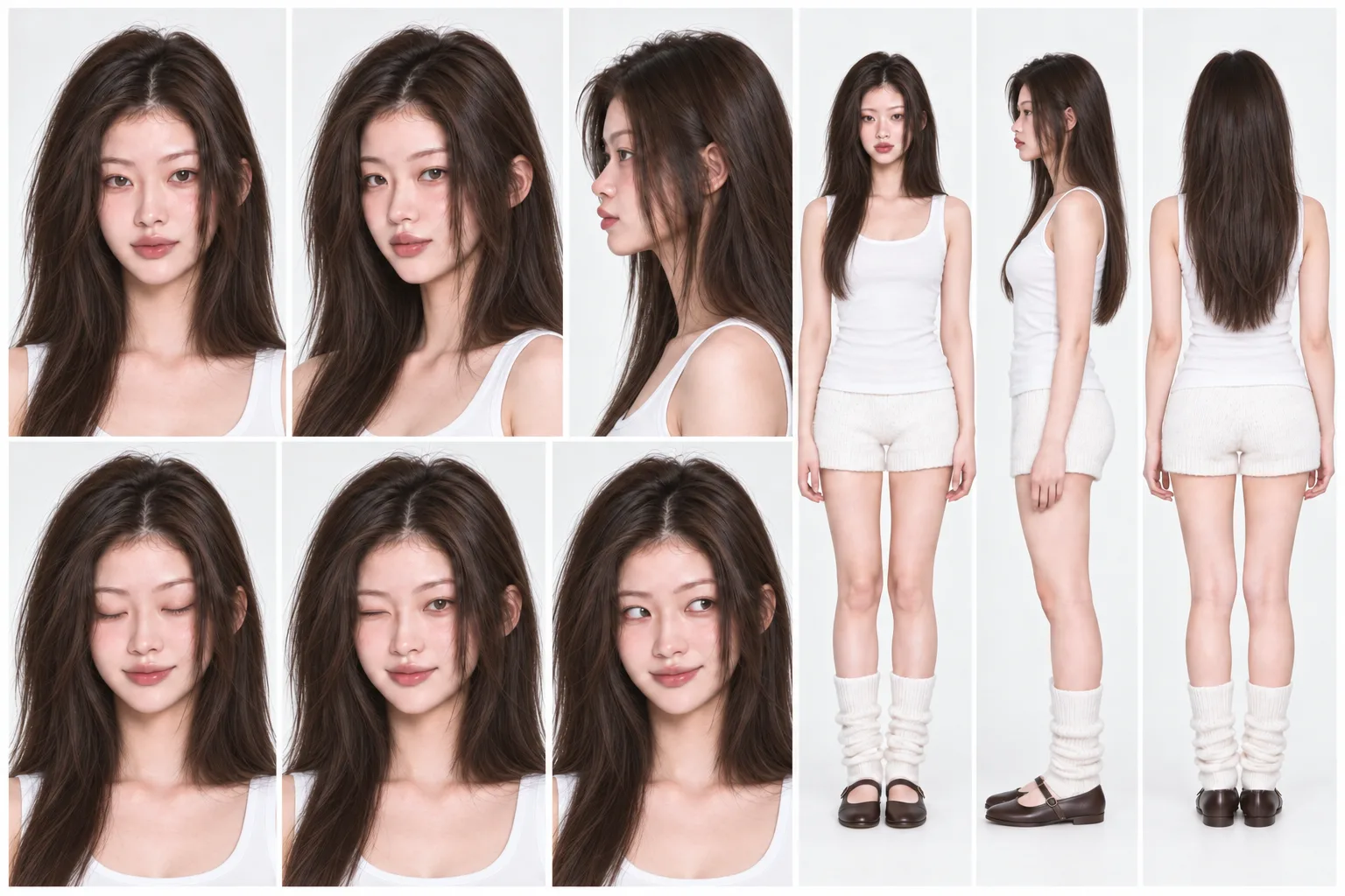 AI 인플루언서 오늘의 정면, 측면, 표정, 전신 앞뒤를 모은 긴 머리 모델 시트
