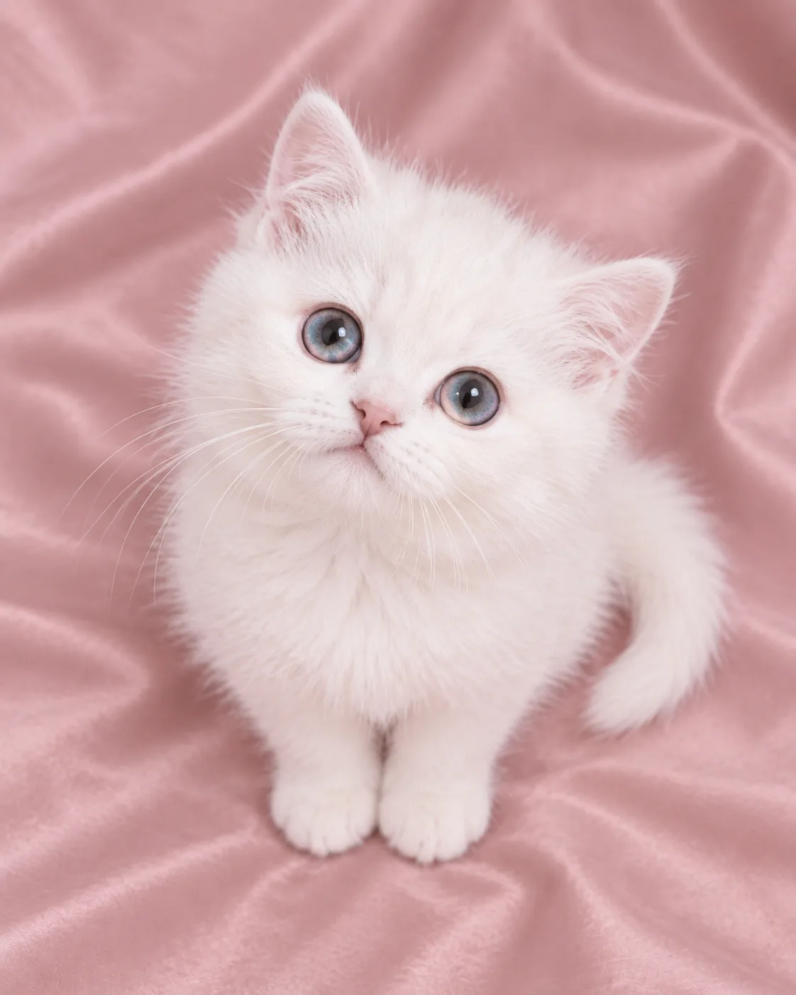 핑크 새틴 위에 앉은 흰 아기 고양이