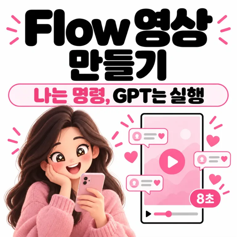 Flow 영상 만들기: 핑크 2.5D 캐릭터로 만든 8초 영상, 나는 명령하고 GPT가 실행