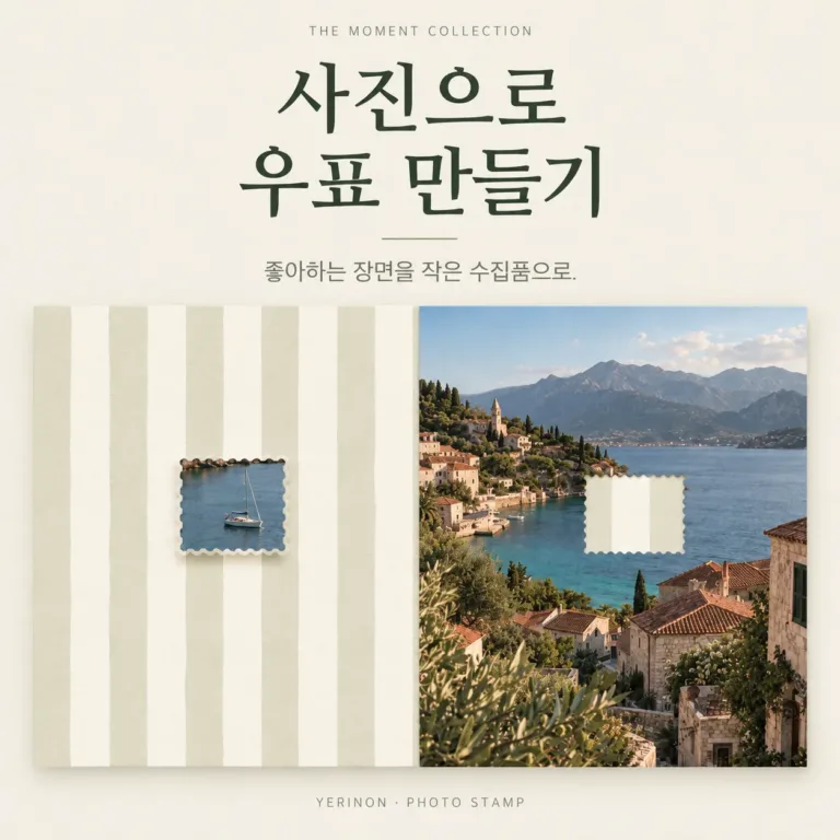 사진으로 우표 만들기 — 해안 풍경의 돛단배를 우표로 간직하는 감성 사진 스탬프 편집기